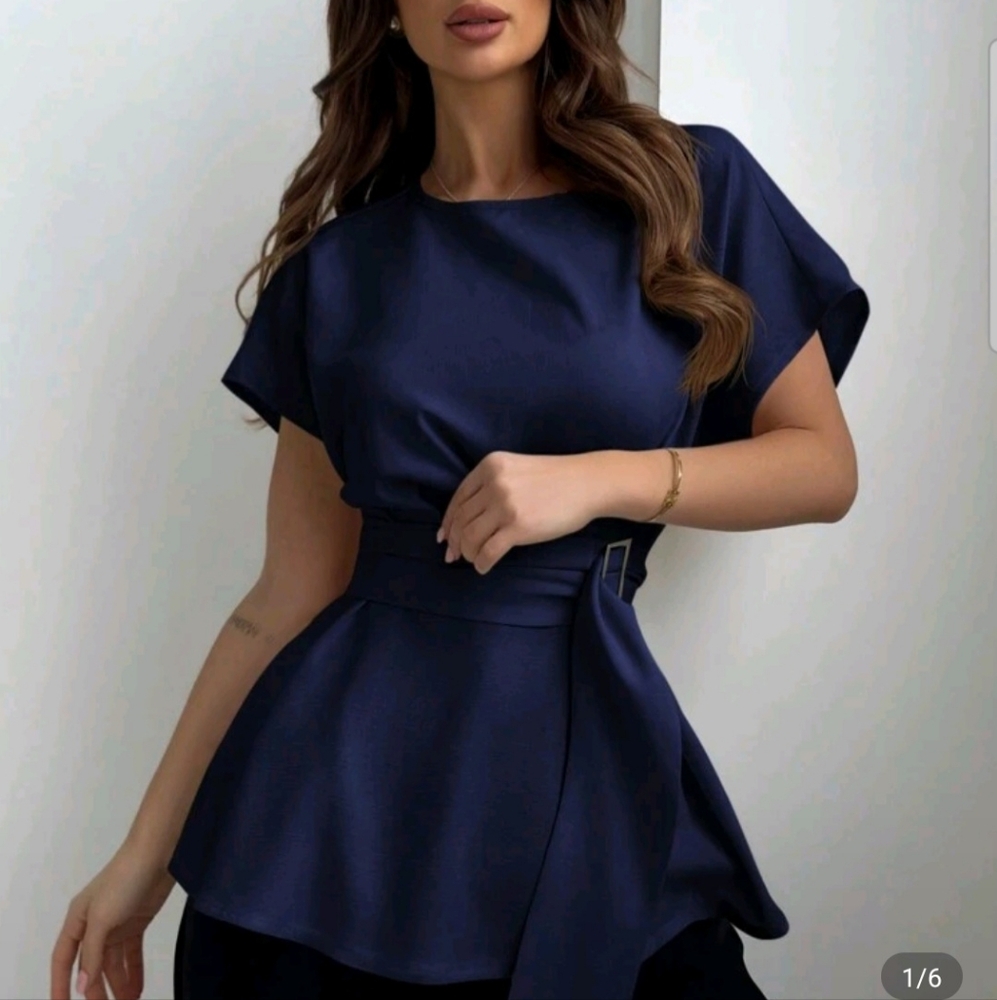 SHEIN Elegant Navy Blue Belted Top